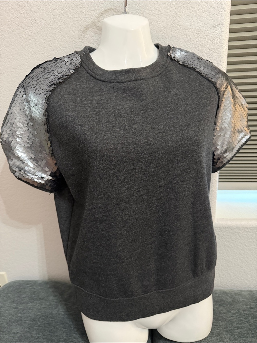 Guess Charcoal Gray Short Sleeve Sequin Sweatshirt
